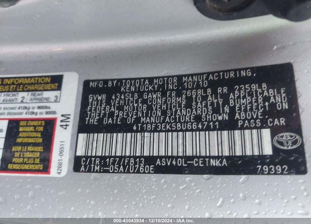 2011 TOYOTA CAMRY LE VIN: 4T1BF3EK5BU664711