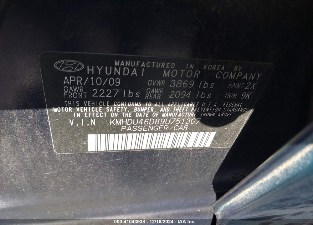 2009 HYUNDAI ELANTRA GLS VIN: KMHDU46D89U751307