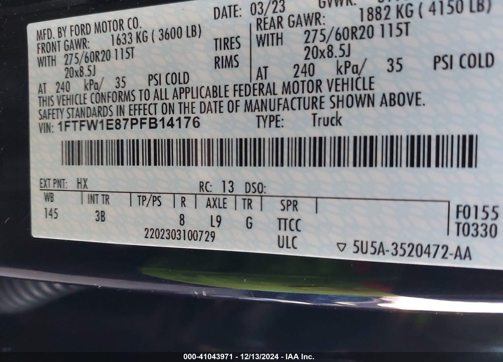 2023 FORD F-150 PLATINUM VIN: 1FTFW1E87PFB14176