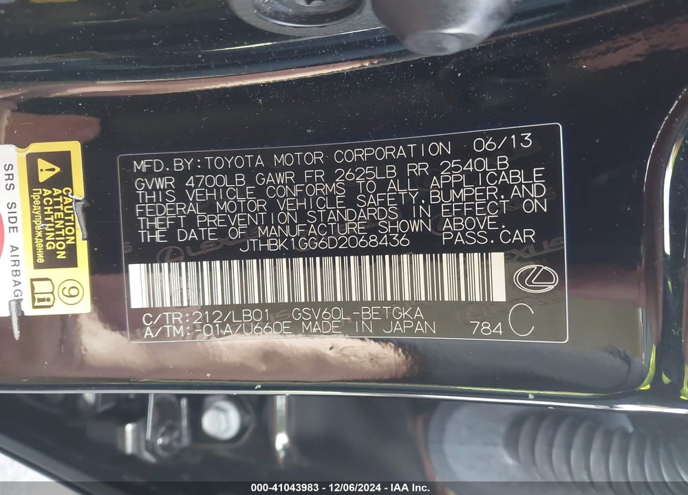 2013 LEXUS ES 350 VIN: JTHBK1GG6D2068436