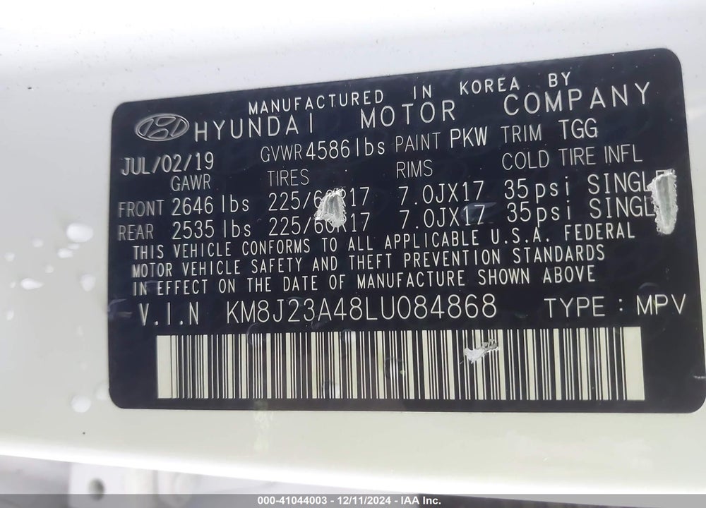 2020 HYUNDAI TUCSON SE VIN: KM8J23A48LU084868