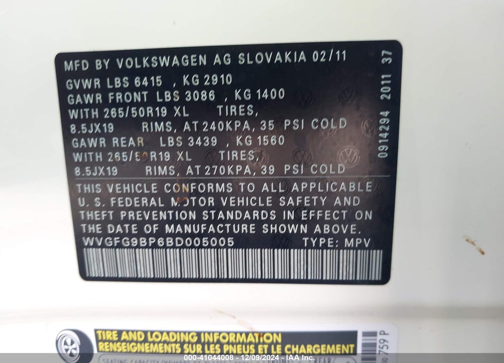 2011 VOLKSWAGEN TOUAREG HYBRID VIN: WVGFG9BP6BD005005