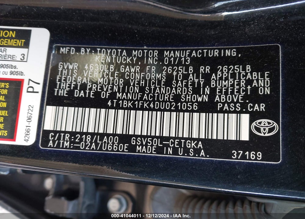 2013 TOYOTA CAMRY XLE V6 VIN: 4T1BK1FK4DU021056