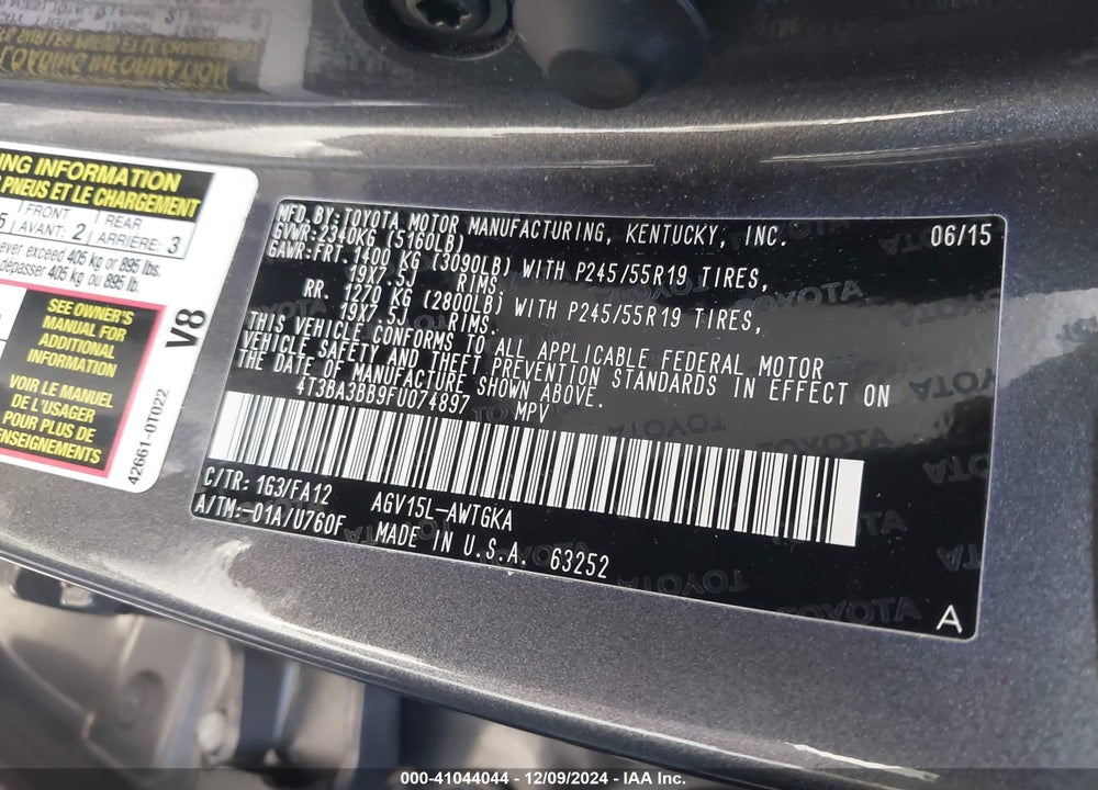 2015 TOYOTA VENZA LE VIN: 4T3BA3BB9FU074897