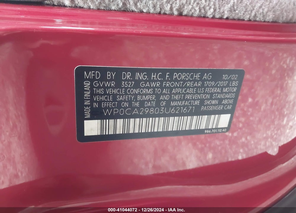 2003 PORSCHE BOXSTER VIN: WP0CA29803U621671
