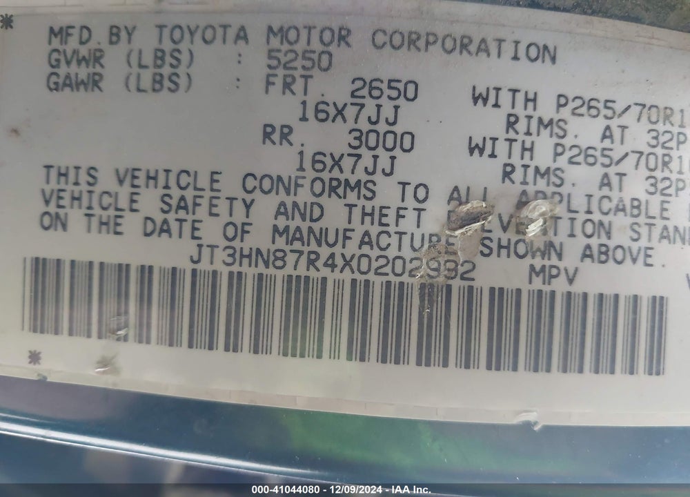 1999 TOYOTA 4RUNNER LIMITED V6 VIN: JT3HN87R4X0202992
