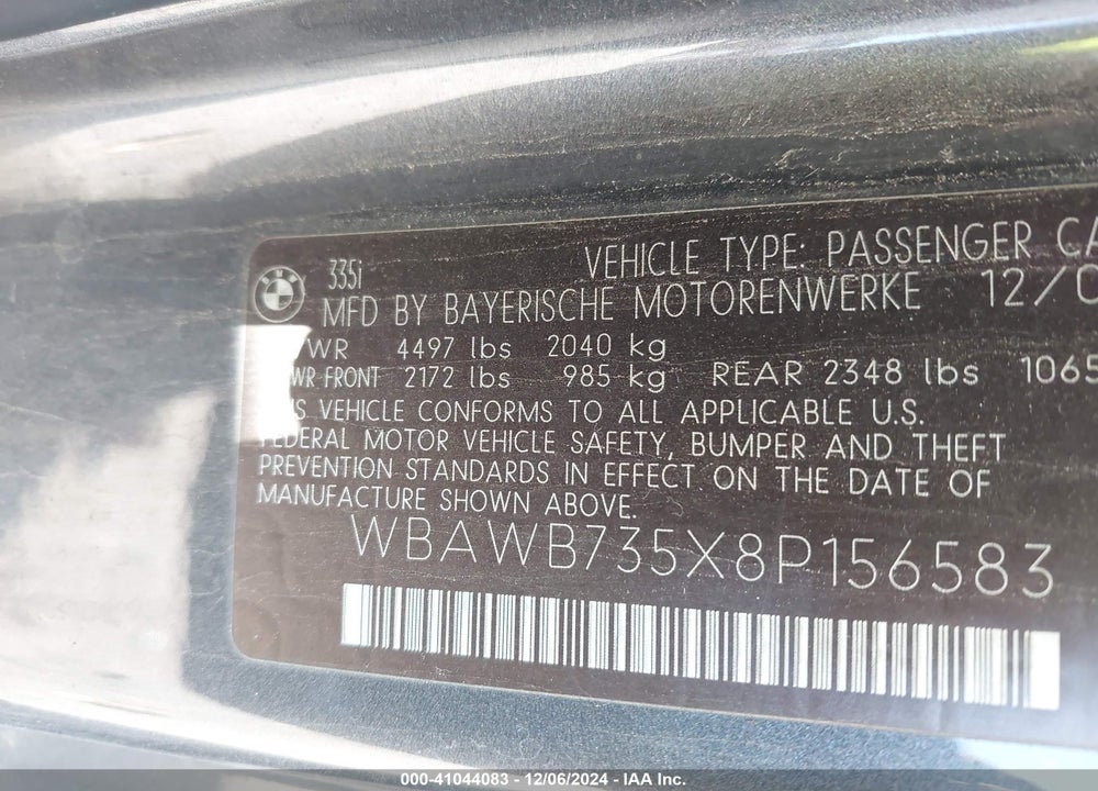 2008 BMW 335I VIN: WBAWB735X8P156583