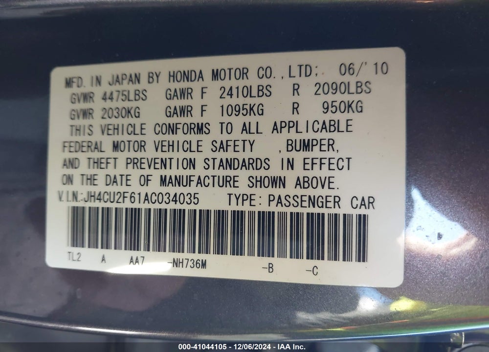 2010 ACURA TSX 2.4 VIN: JH4CU2F61AC034035