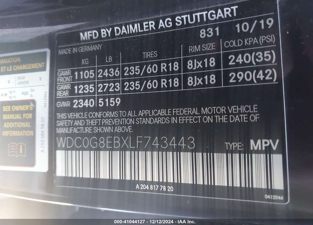 2020 MERCEDES-BENZ GLC 300 4MATIC VIN: WDC0G8EBXLF743443
