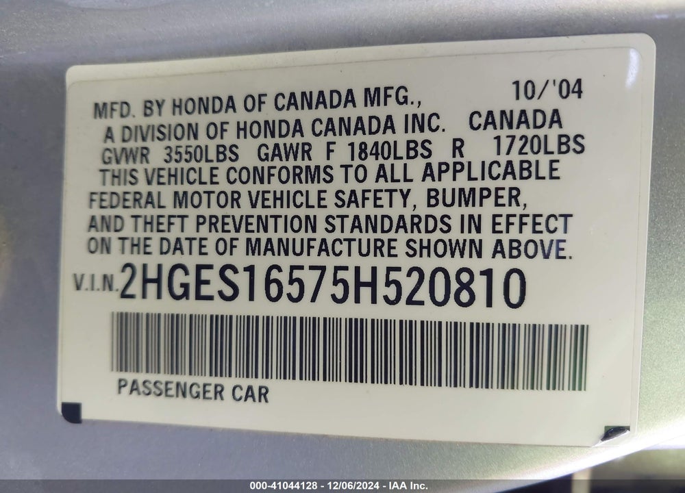 2005 HONDA CIVIC LX VIN: 2HGES16575H520810