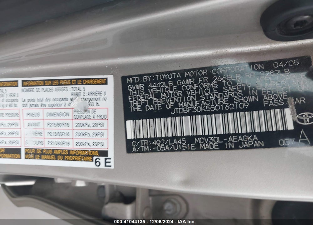 2005 TOYOTA CAMRY XLE V6 VIN: JTDBF30K550162109