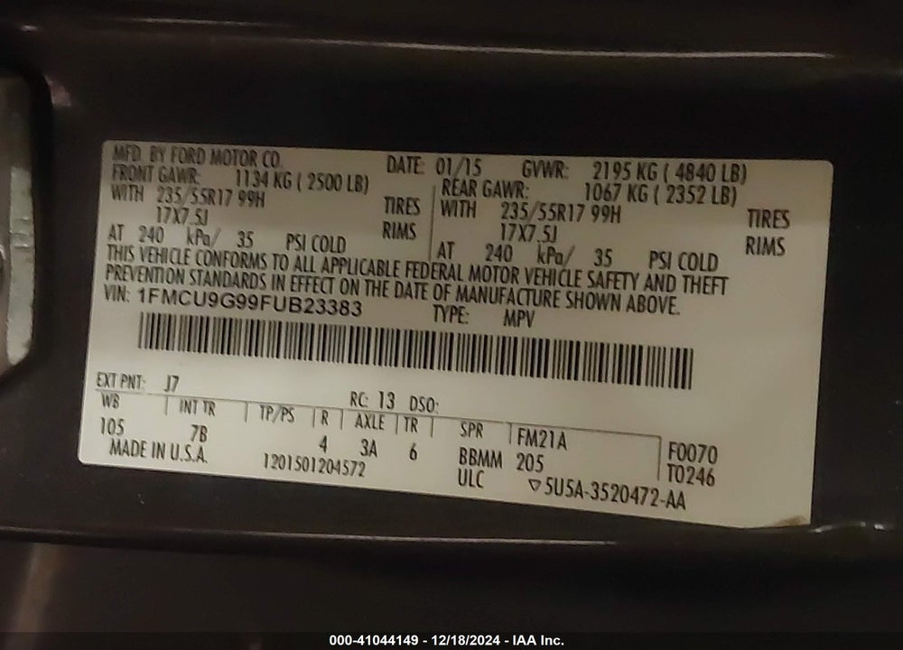 2015 FORD ESCAPE SE VIN: 1FMCU9G99FUB23383