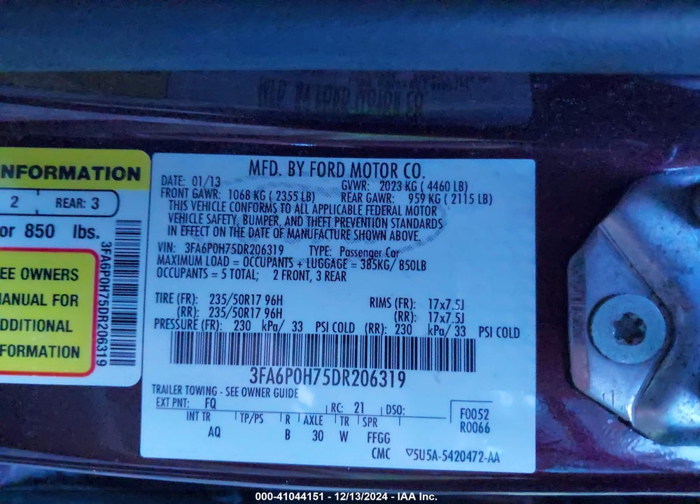 2013 FORD FUSION SE VIN: 3FA6P0H75DR206319