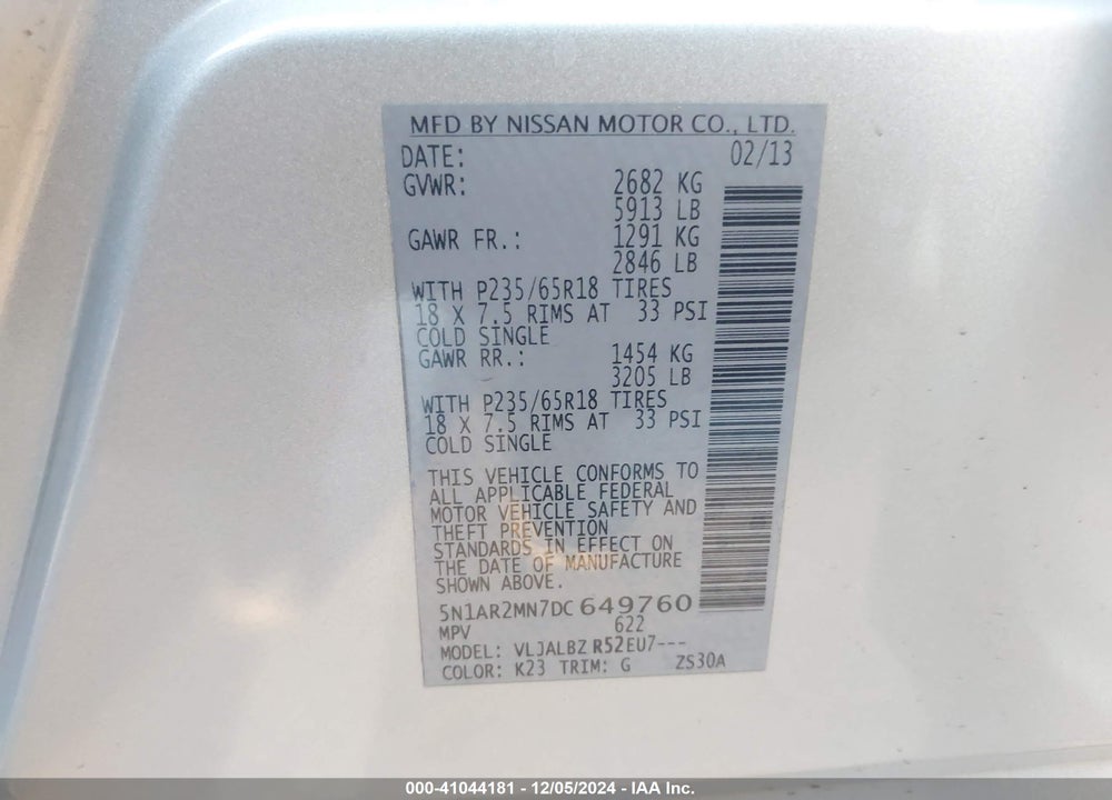 2013 NISSAN PATHFINDER S VIN: 5N1AR2MN7DC649760