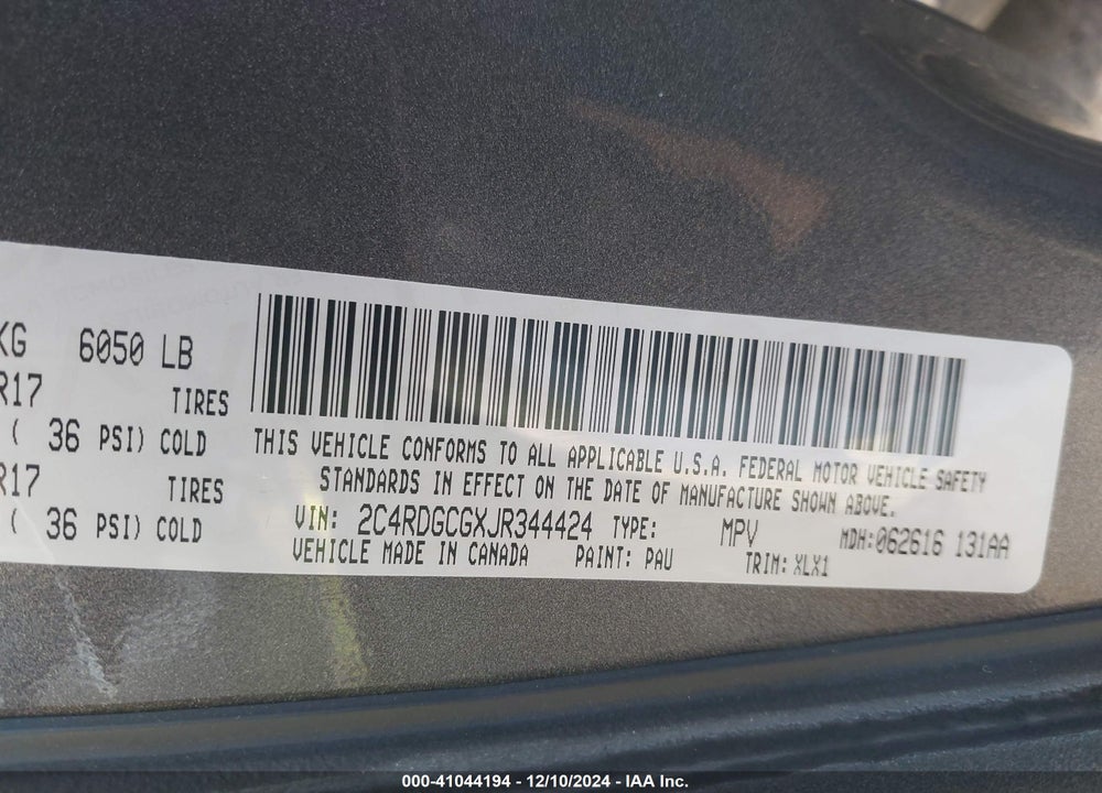 2018 DODGE GRAND CARAVAN SXT VIN: 2C4RDGCGXJR344424