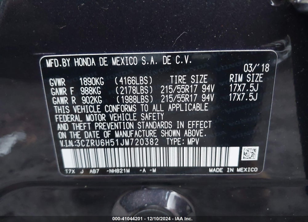 2018 HONDA HR-V EX VIN: 3CZRU6H51JM720382