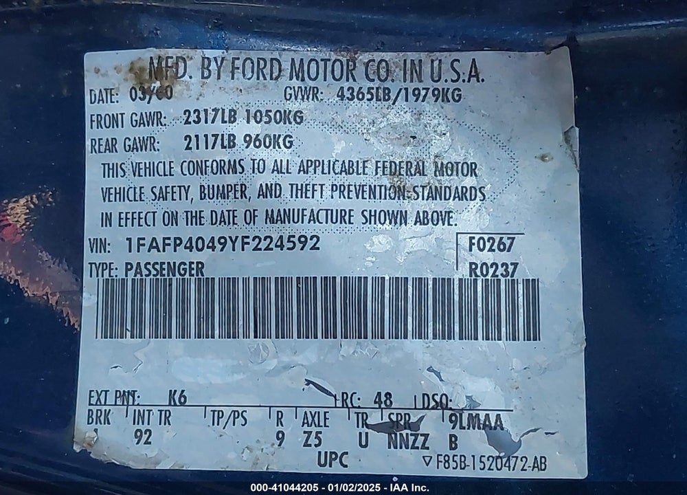 2000 FORD MUSTANG VIN: 1FAFP4049YF224592