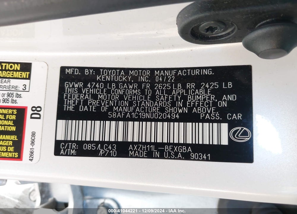 2022 LEXUS ES 300H ULTRA LUXURY VIN: 58AFA1C19NU020494