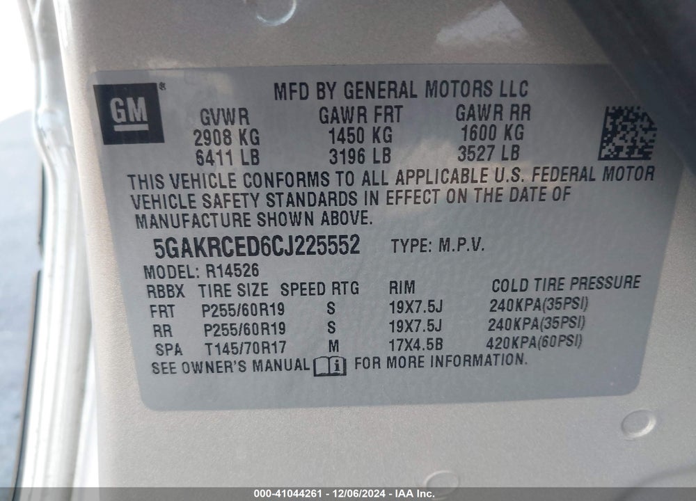 2012 BUICK ENCLAVE LEATHER VIN: 5GAKRCED6CJ225552