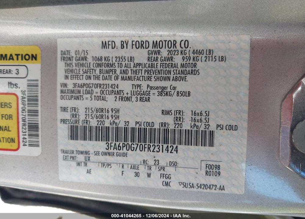 2015 FORD FUSION S VIN: 3FA6P0G70FR231424