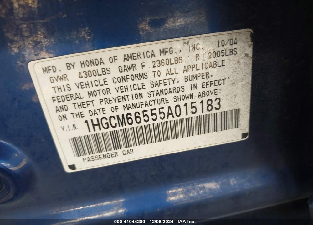 2005 HONDA ACCORD 3.0 EX VIN: 1HGCM66555A015183