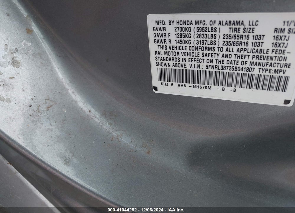 2006 HONDA ODYSSEY EX-L VIN: 5FNRL38726B041807