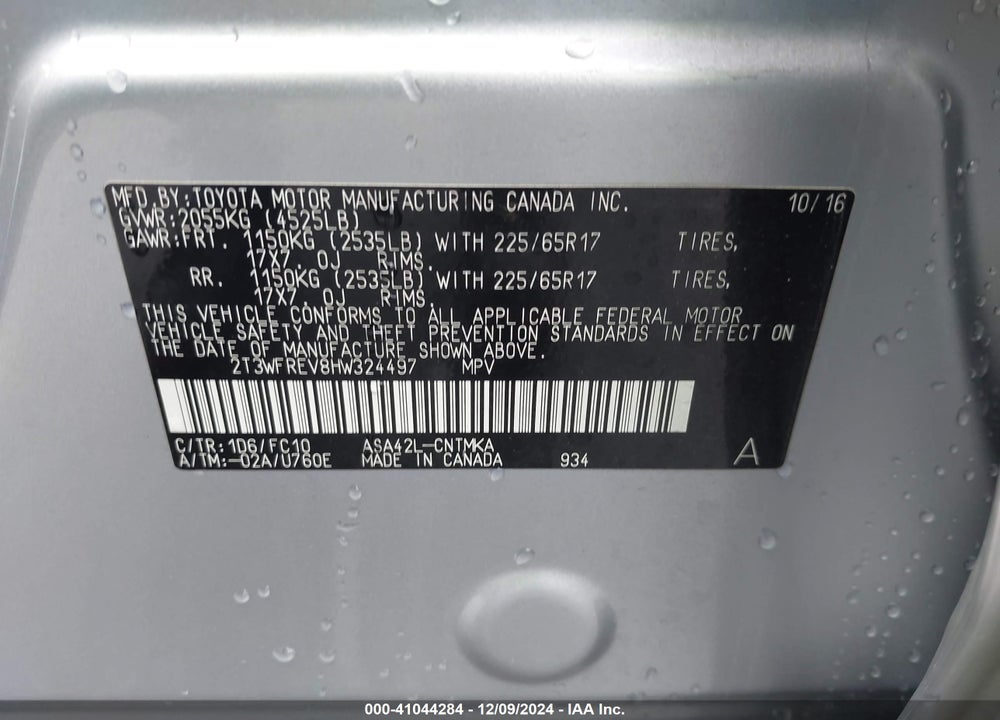 2017 TOYOTA RAV4 XLE VIN: 2T3WFREV8HW324497