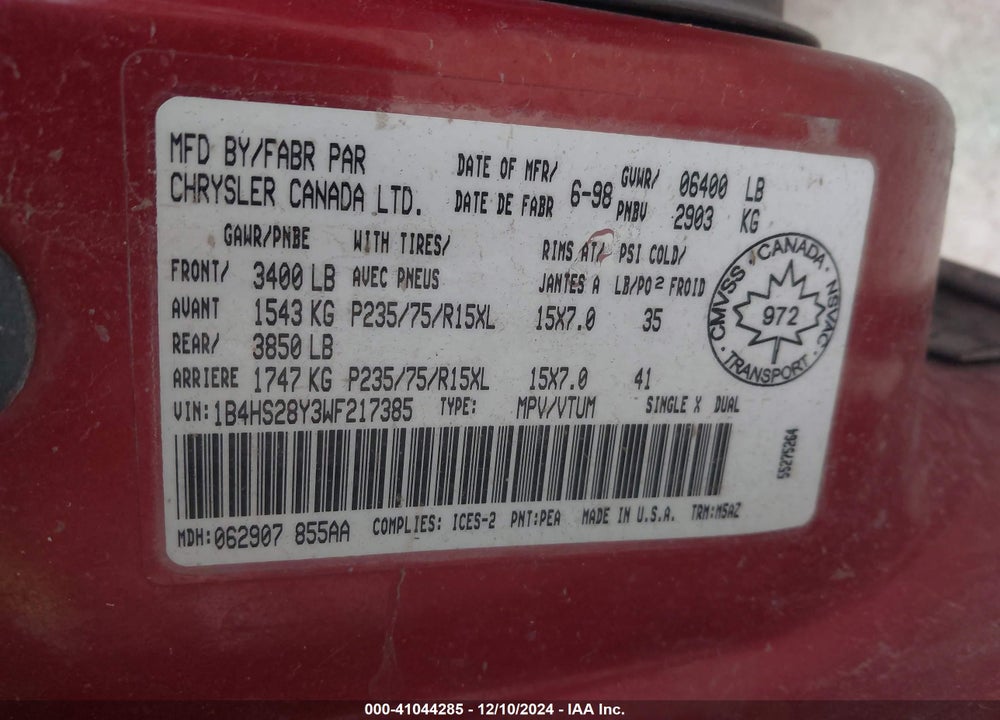 1998 DODGE DURANGO SLT VIN: 1B4HS28Y3WF217385