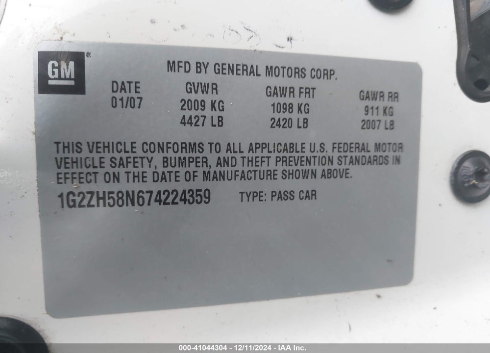 2007 PONTIAC G6 GT VIN: 1G2ZH58N674224359
