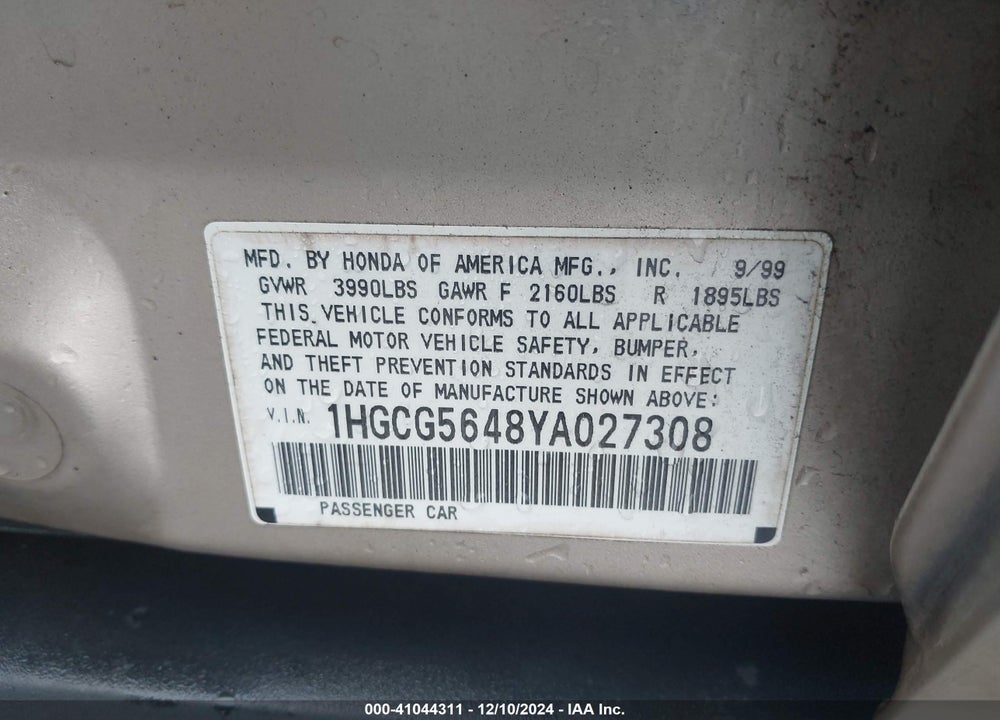 2000 HONDA ACCORD 2.3 LX VIN: 1HGCG5648YA027308