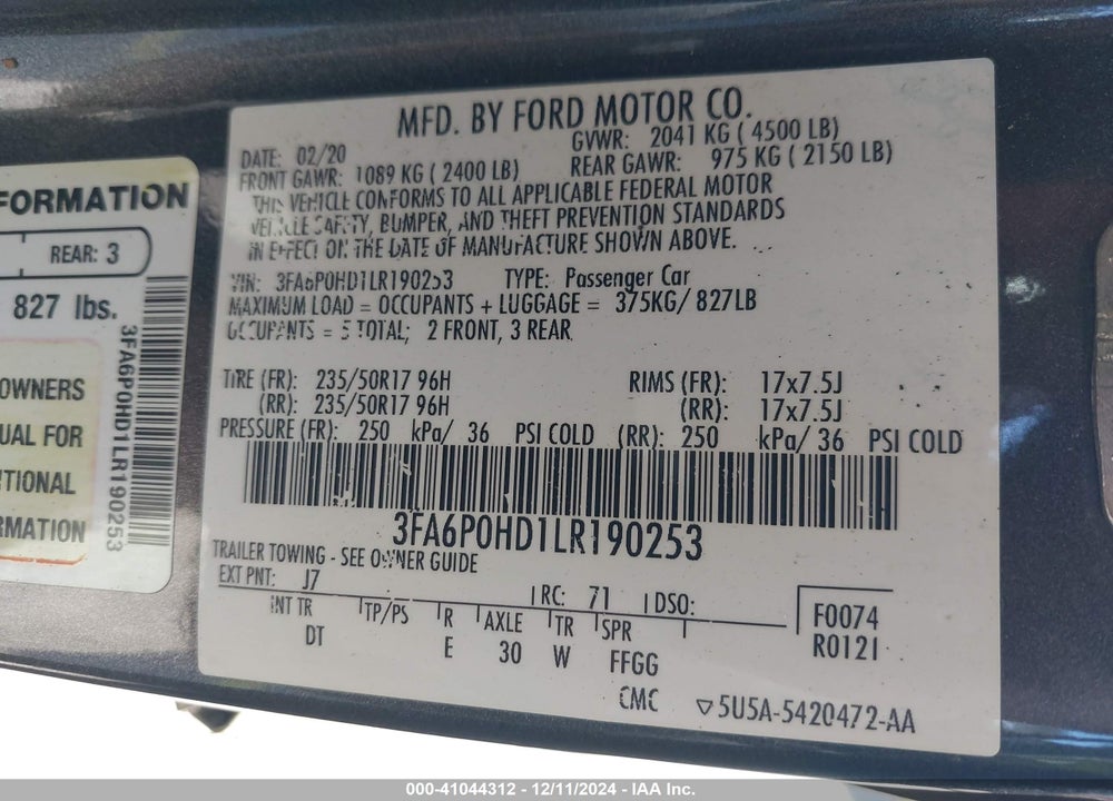 2020 FORD FUSION VIN: 3FA6P0HD1LR190253