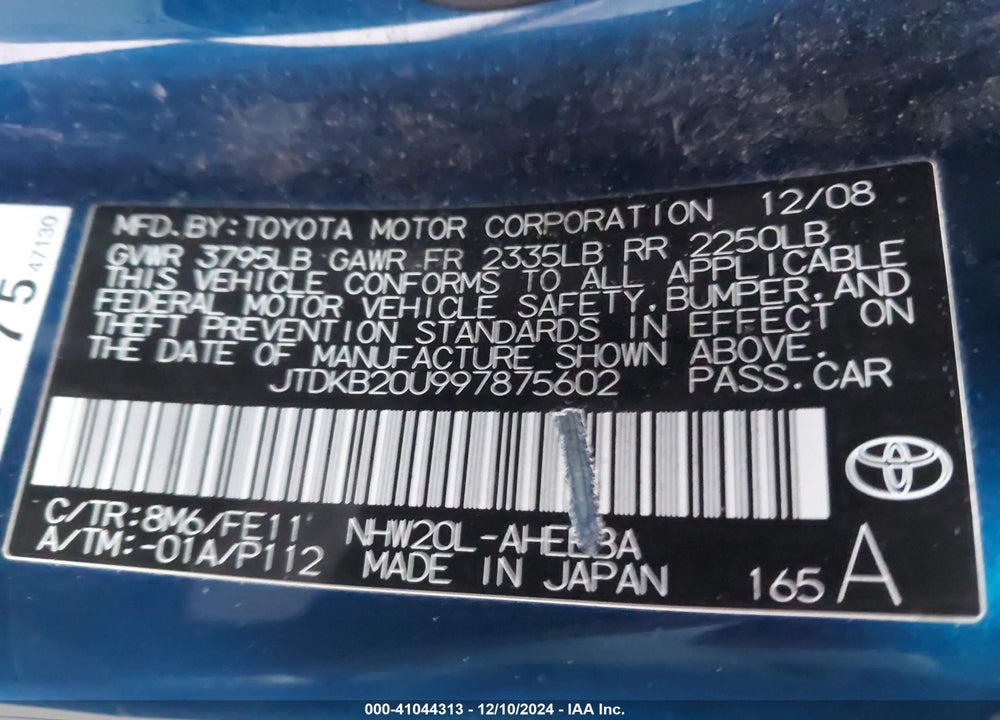 2009 TOYOTA PRIUS VIN: JTDKB20U997875602