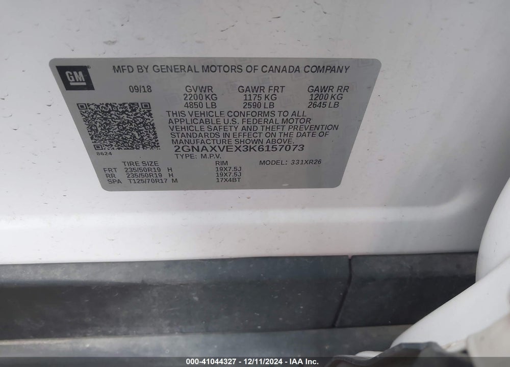 2019 CHEVROLET EQUINOX LT VIN: 2GNAXVEX3K6157073