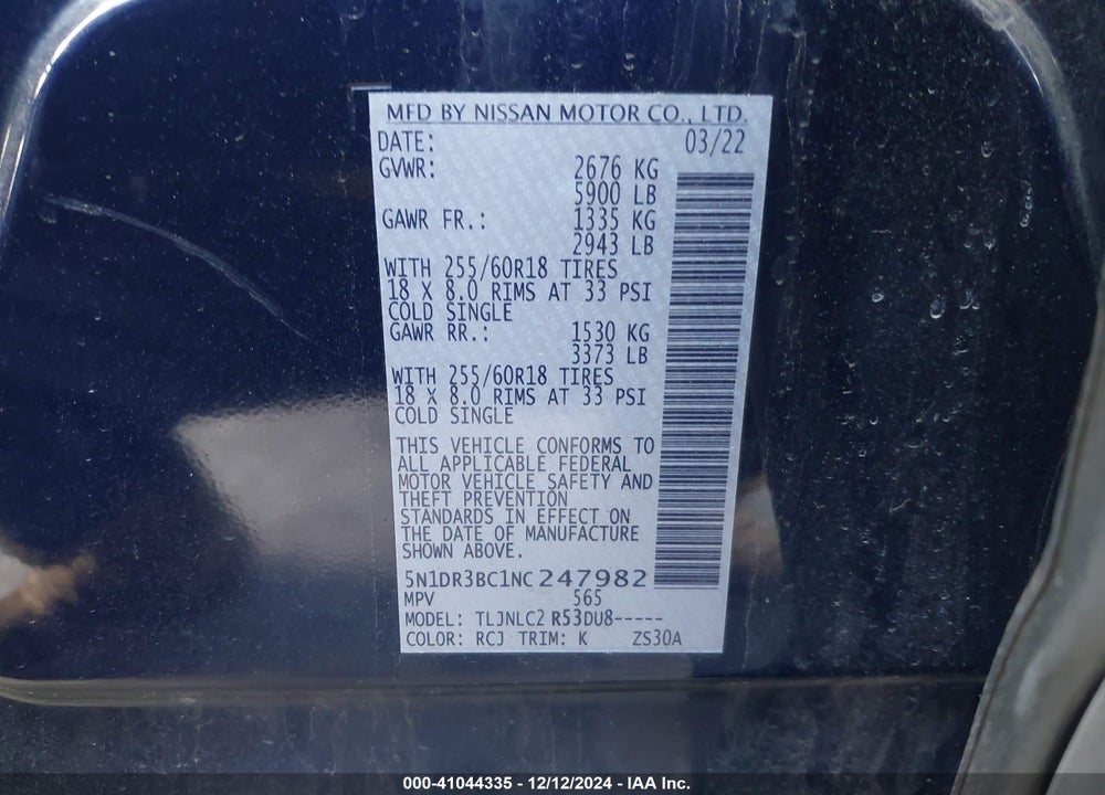 2022 NISSAN PATHFINDER SV 4WD VIN: 5N1DR3BC1NC247982