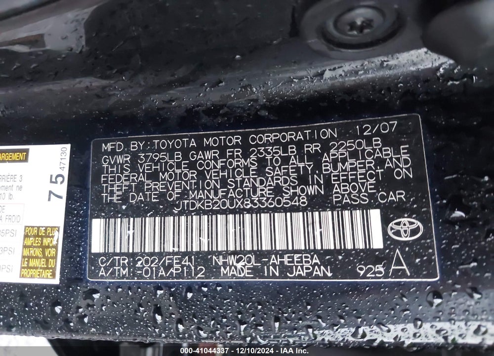 2008 TOYOTA PRIUS VIN: JTDKB20UX83360548