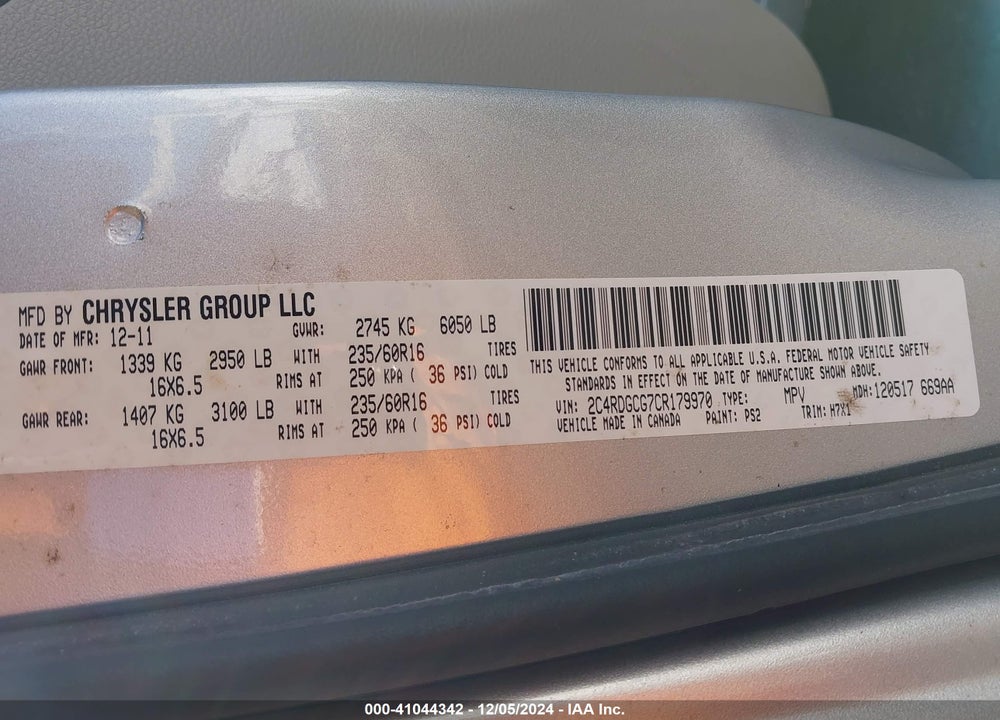 2012 DODGE GRAND CARAVAN SXT VIN: 2C4RDGCG7CR179970