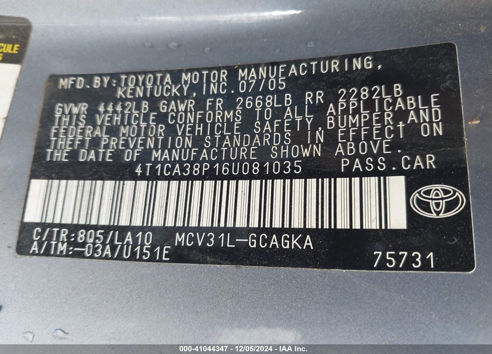 2006 TOYOTA CAMRY SOLARA SLE V6 VIN: 4T1CA38P16U081035