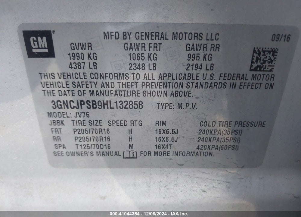 2017 CHEVROLET TRAX LT VIN: 3GNCJPSB9HL132858