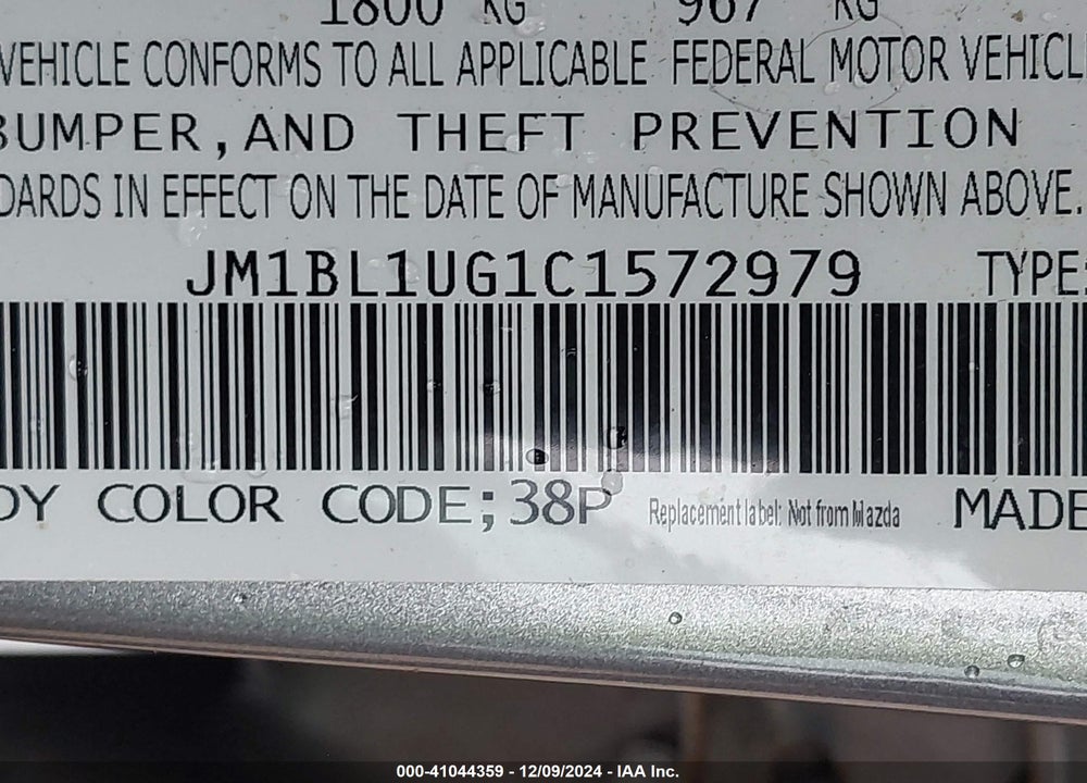 2012 MAZDA 3 I SPORT VIN: JM1BL1UG1C1572979