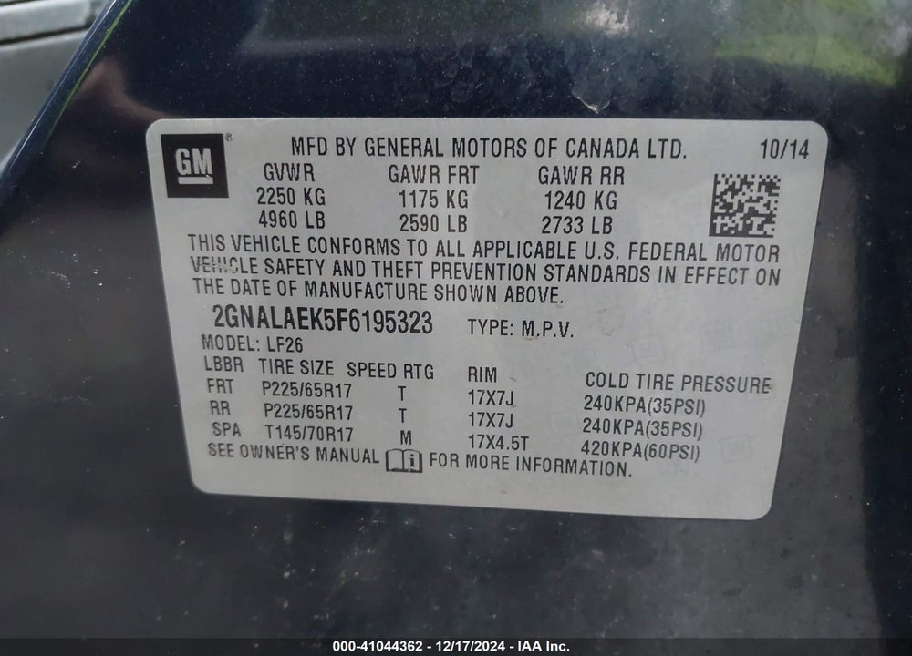 2015 CHEVROLET EQUINOX VIN: 2GNALAEK5F6195323