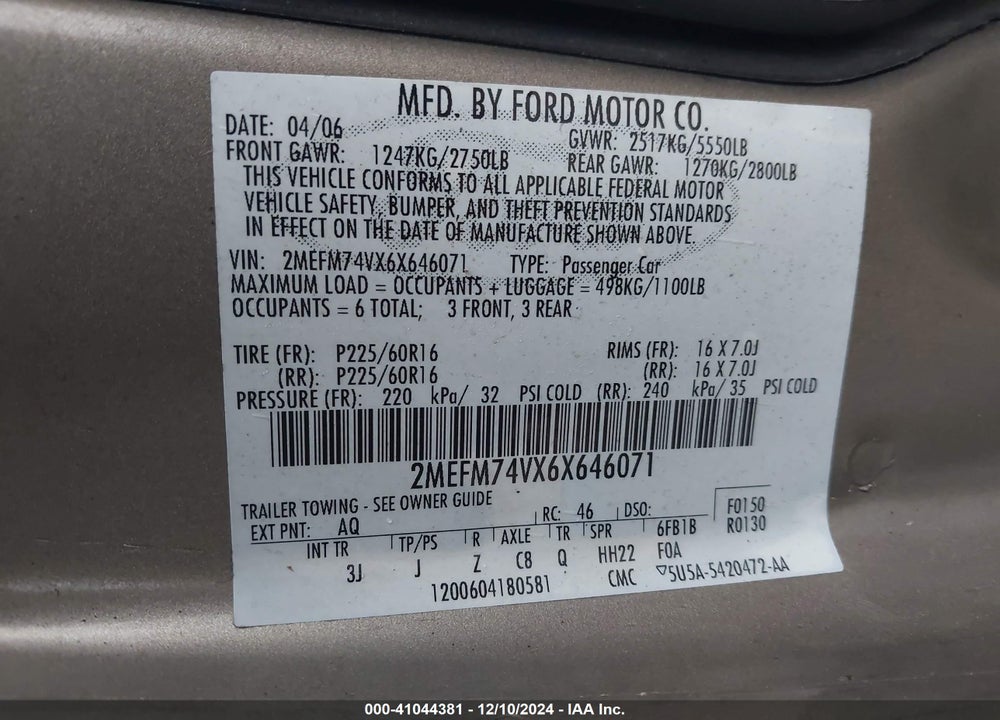2006 MERCURY GRAND MARQUIS GS VIN: 2MEFM74VX6X646071