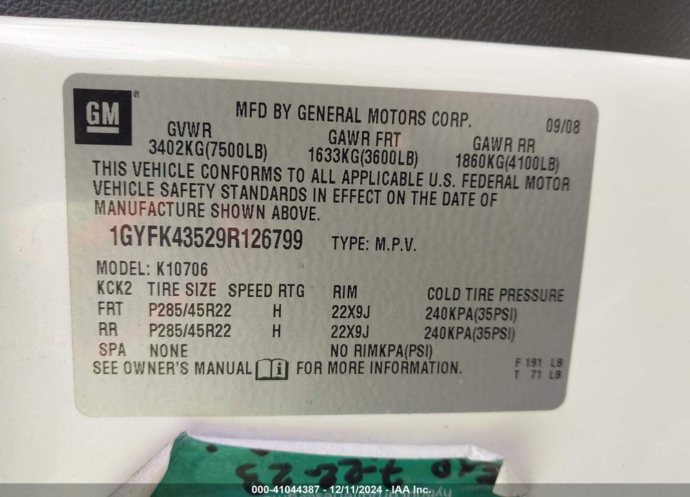 2009 CADILLAC ESCALADE HYBRID STANDARD VIN: 1GYFK43529R126799