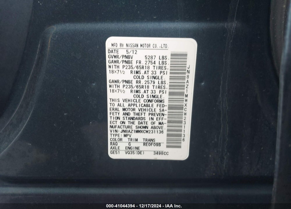 2012 NISSAN MURANO SV VIN: JN8AZ1MWXCW231136