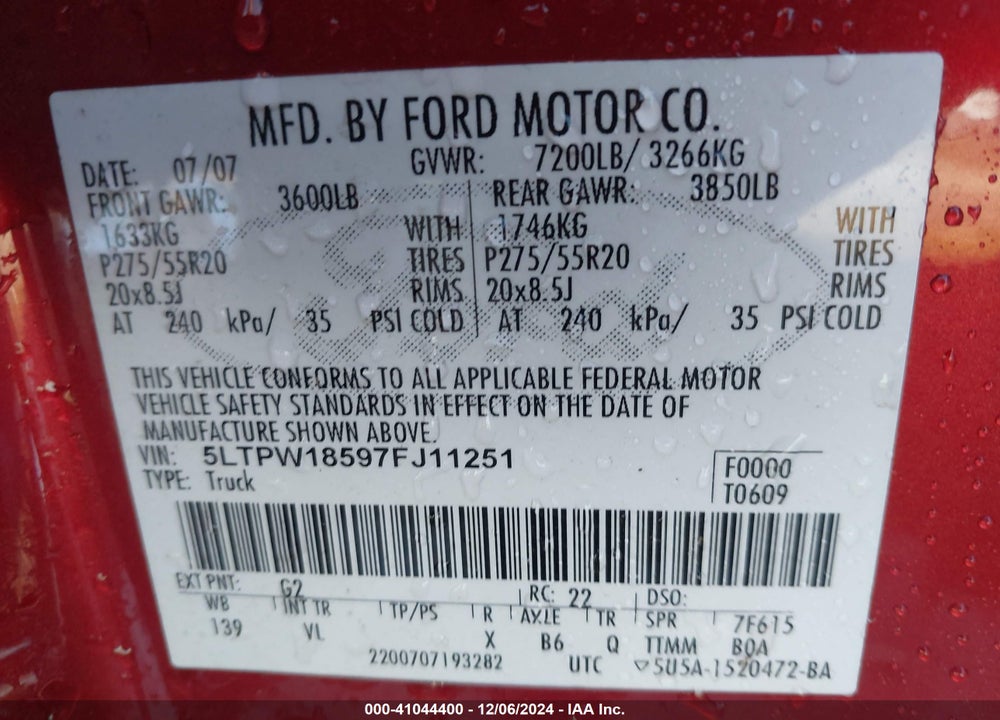 2007 LINCOLN MARK LT VIN: 5LTPW18597FJ11251