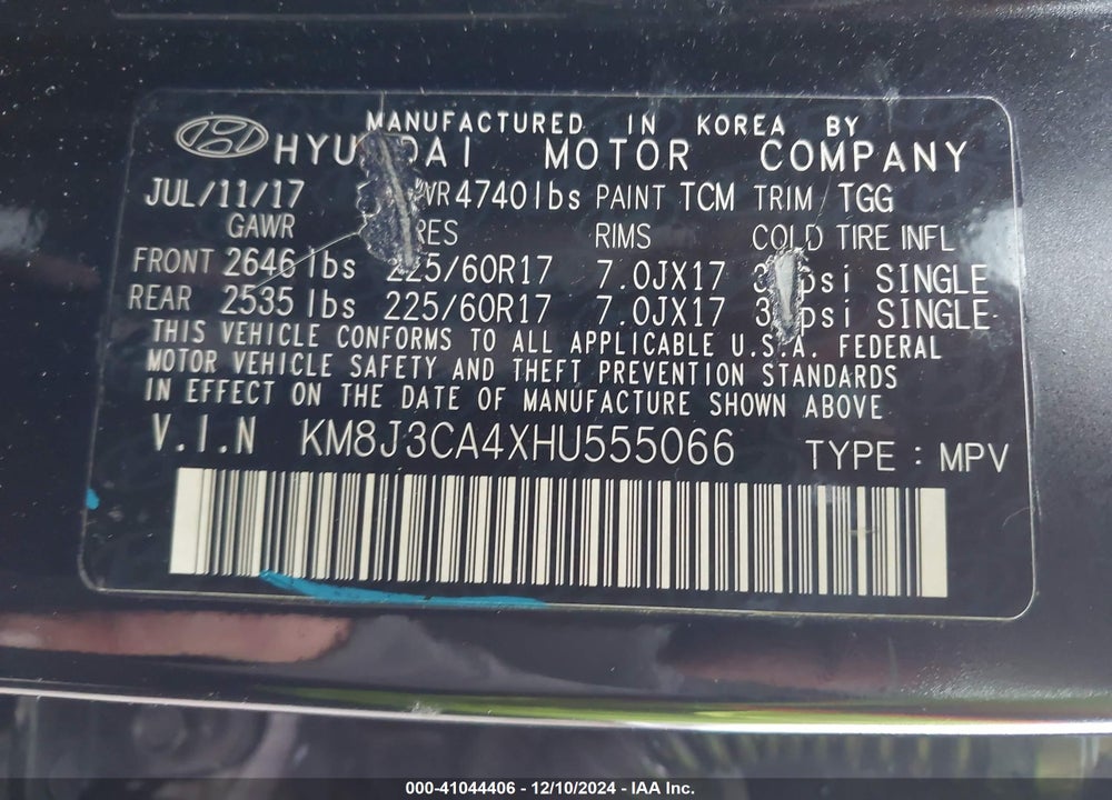 2017 HYUNDAI TUCSON SE VIN: KM8J3CA4XHU555066