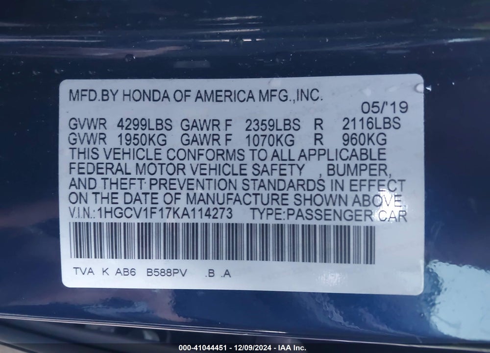 2019 HONDA ACCORD LX VIN: 1HGCV1F17KA114273