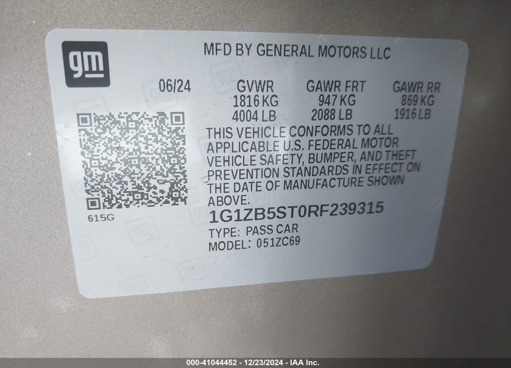 2024 CHEVROLET MALIBU FWD LS VIN: 1G1ZB5ST0RF239315