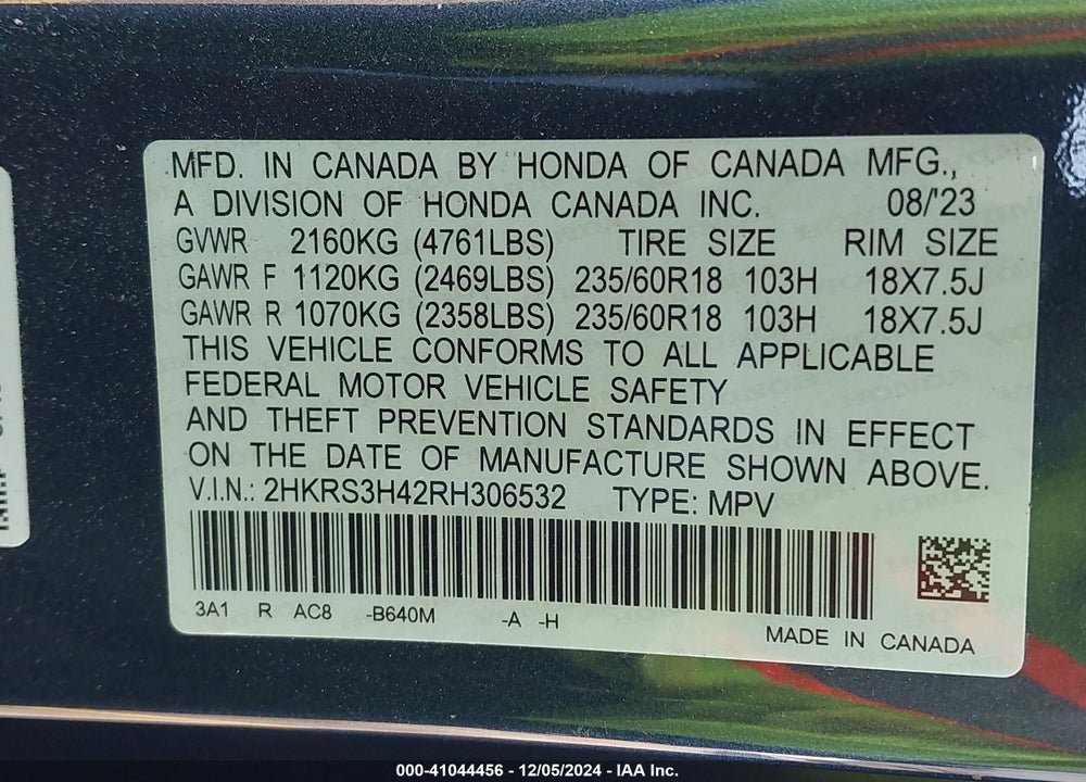 2024 HONDA CR-V EX 2WD VIN: 2HKRS3H42RH306532