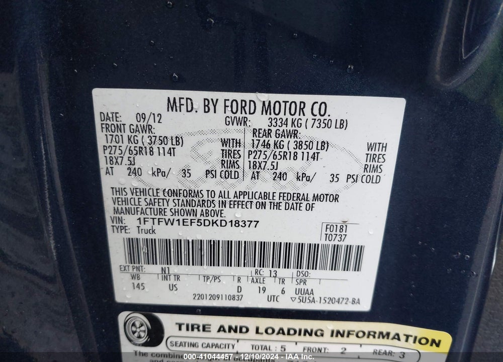 2013 FORD F-150 XLT VIN: 1FTFW1EF5DKD18377