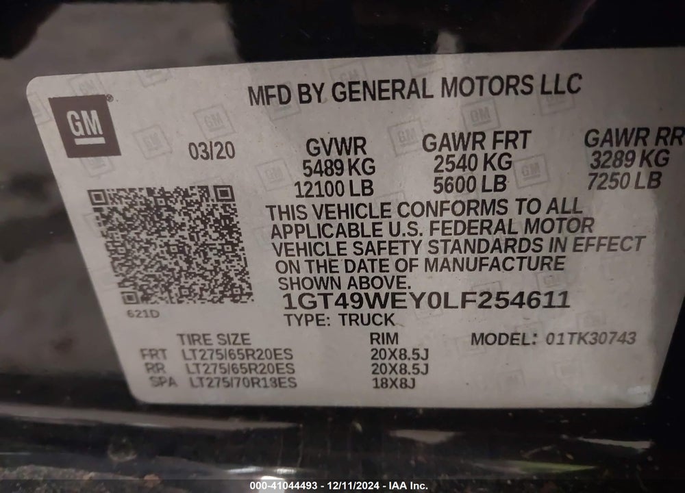2020 GMC SIERRA 3500HD 4WD  STANDARD BED DENALI VIN: 1GT49WEY0LF254611